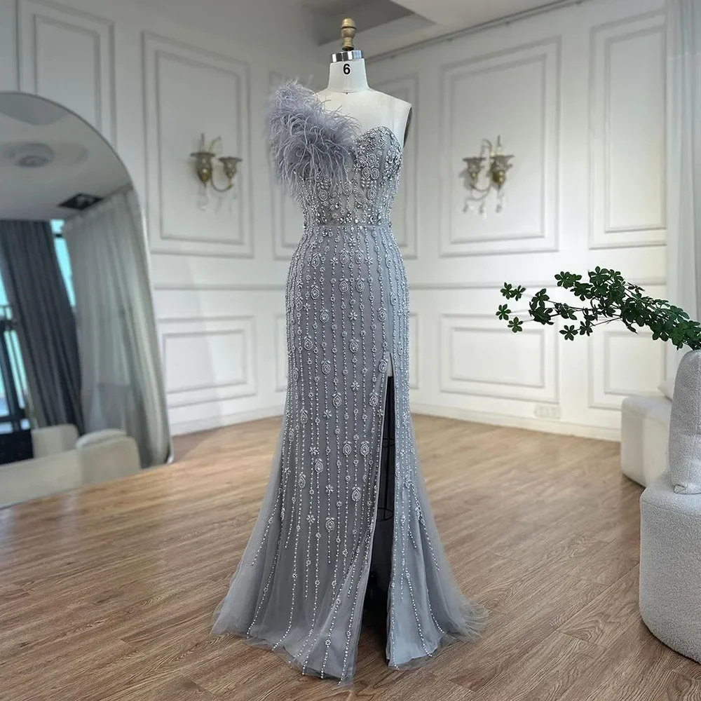 Serene Hill Gray Mermaid One Shoulder High Split Beaded Feather  Evening Dresses Gowns For Women Party 2024 LA72347 Customized