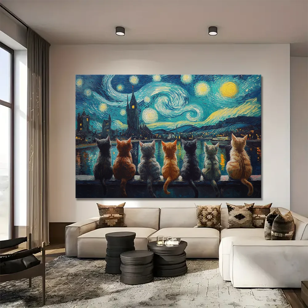 Van Gogh Starry Night Cat Poster Prints Animal Seven Cat Back Canvas Painting Wall Art Picture for Living Room Home Decor Gift