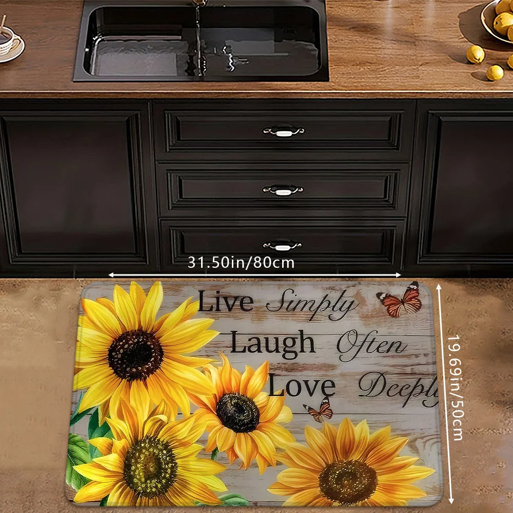 1pc/2pcs/3pcs Sunflower Themed Kitchen Rug with The Print 'Live Simply Laugh Often Love', Designed to Be Absorbent And Non-Slip. This Spring And Summer Kitchen Mat Set Can Be Given As a Gift, Is Machine Washable, And Suitable for Entryways