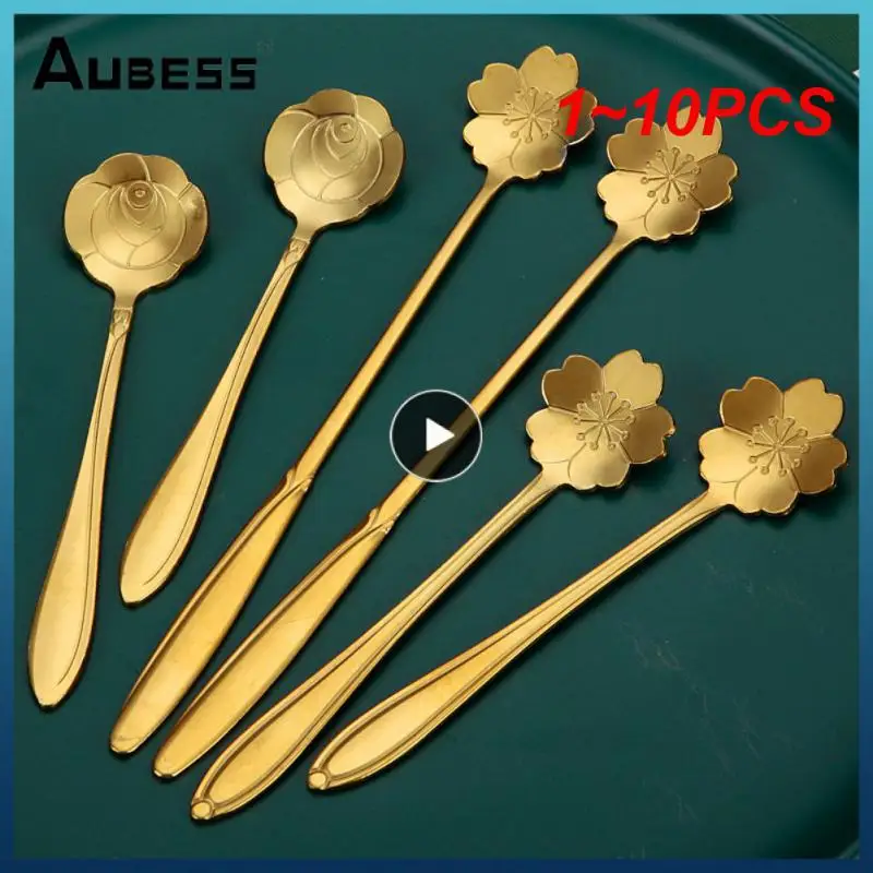 1~10PCS New Flower Spoon Set Small Teaspoon Coffee Spoon Cute Ice Cream Dessert Spoon Silver Gold Stainless Steel Spoon For