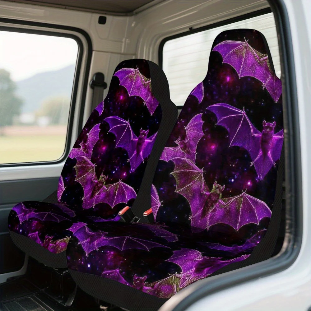 2pcs Halloween Night With Purple Bats Design Car Seat Cover Set For Most Cars – Trendy, High-Quality, Durable Seat Protectors,