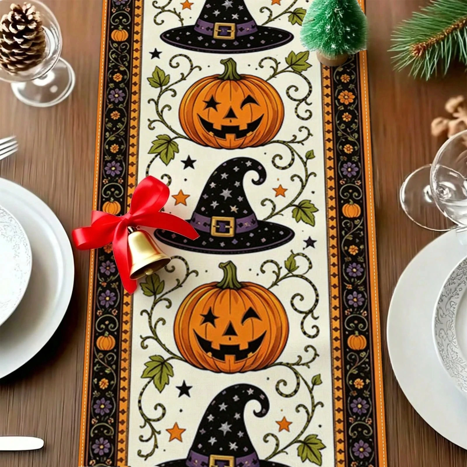 1pc Halloween Linen Table Runner Cute Pumpkin Witch Hat Art Print for Dinner Table Kitchen Living Room Spooky Theme Party Home D