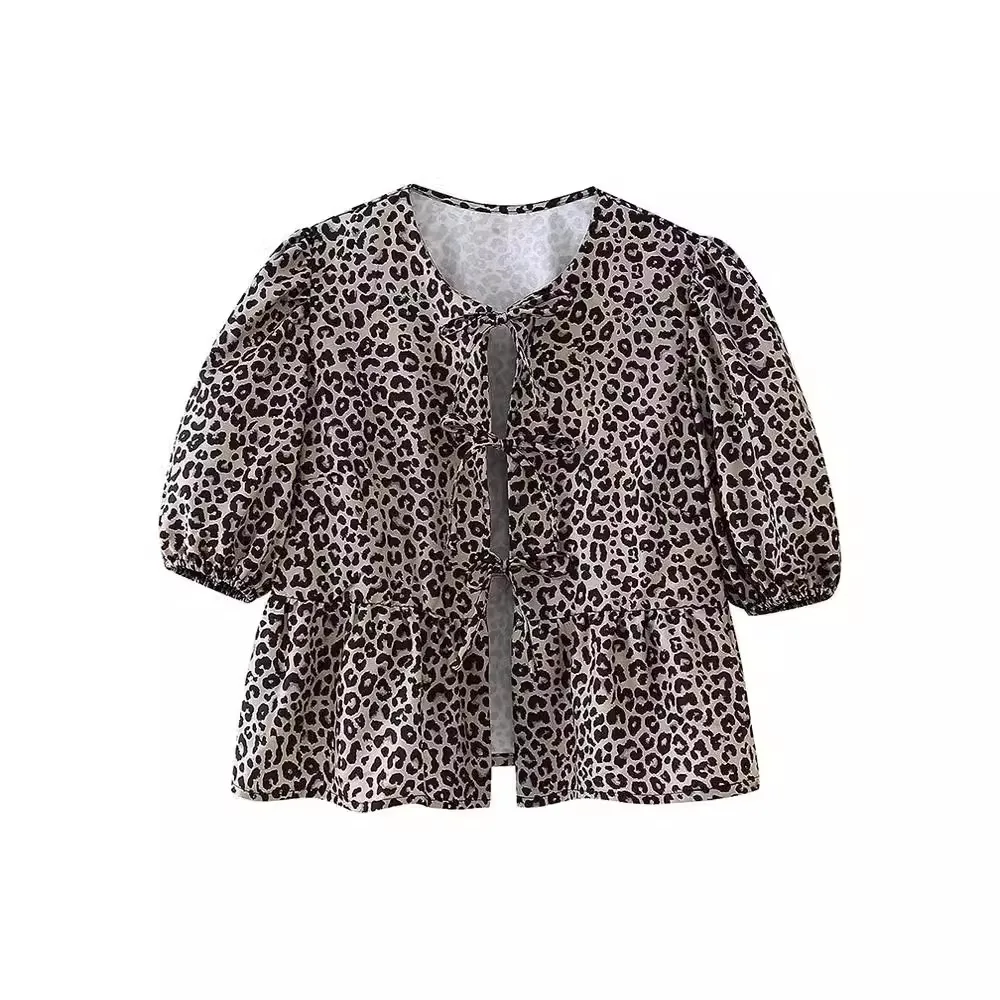 

Leopard Bow Lace Up Women Shirts Blouses 2024 Loose Solid Puff Sleeve Pleat Shirt Top Spring Summer New Cropped Lady Streetwear