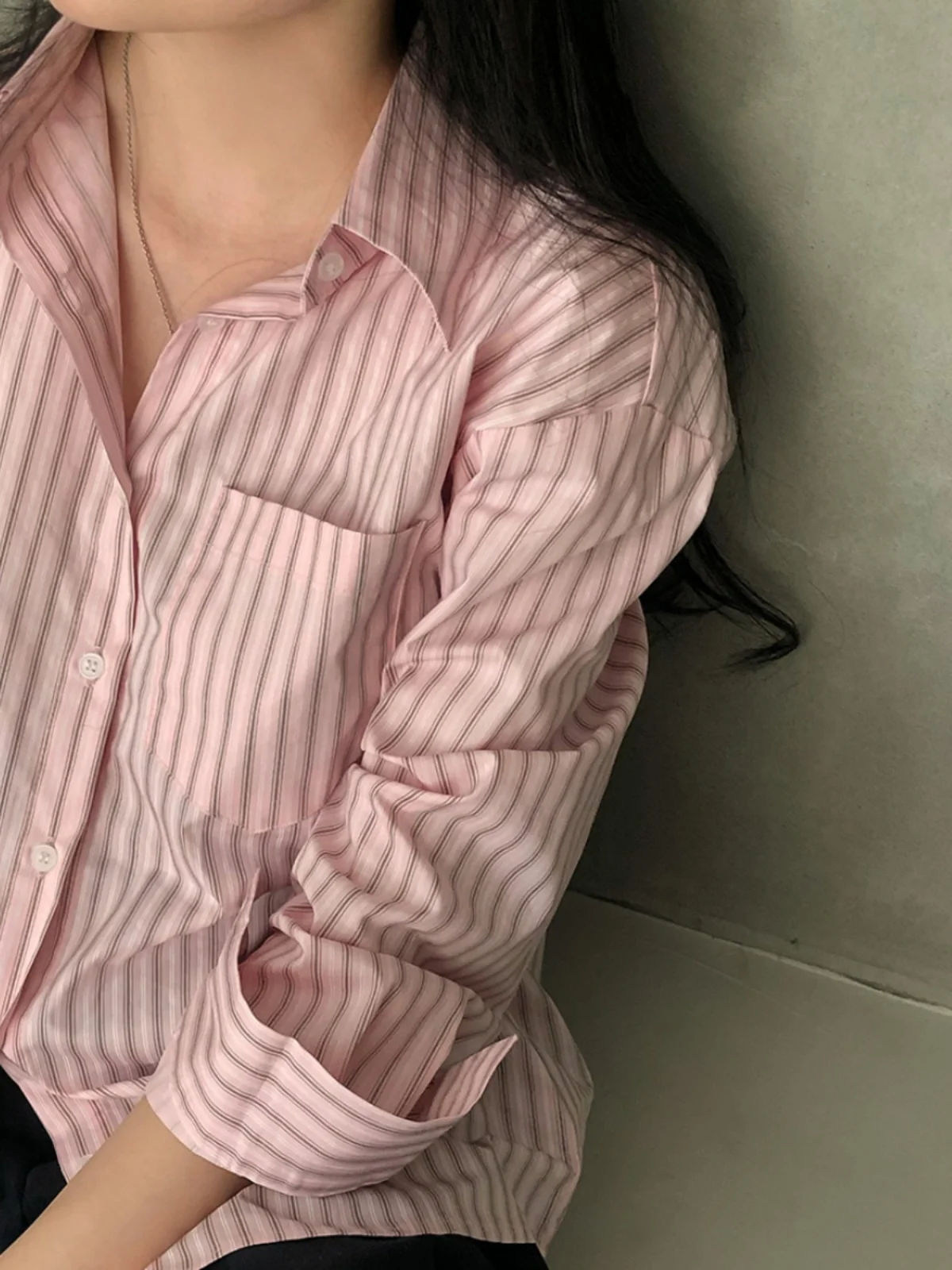 Spring Stripe irt Women's Chic New Retro Turn-down Collar Single Button Sweet Top Korean Sle Loose Fit Long Sve  C...