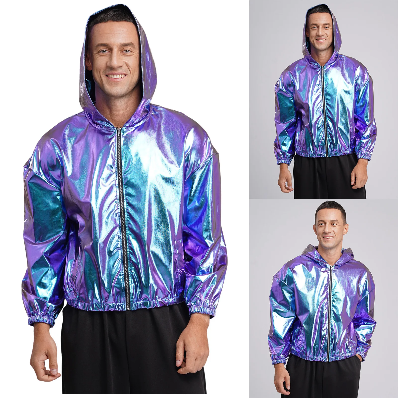 

Men Fashion Long Sleeve Hooded Jacket Coats Metallic Shiny Solid Color Short Jacket Waistcoats for Party Daily Casual Disco