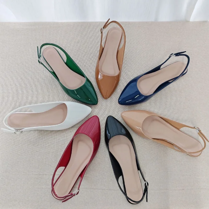 New Patent Leather Pointed Toe Flat Heels Fashion Show Sandals Leisure Back Strap Shallow Mouth Single Shoes Women Plus Size 43