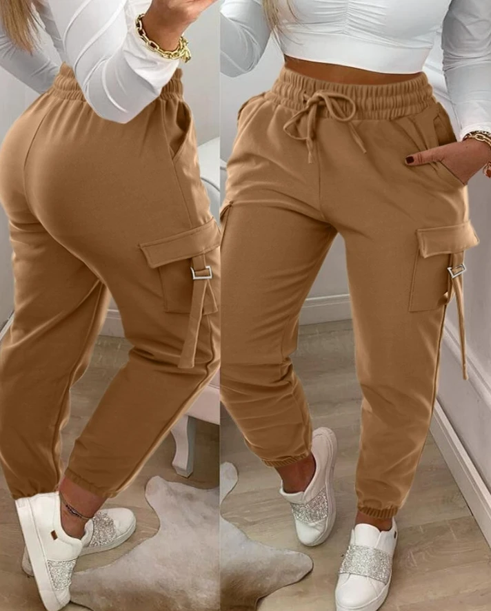 

Women's Trousers Casual Outdoor Jogging Pants Solid Color Drawstring High Waist Buckled Pocket Design Cuffed Cargo Pants