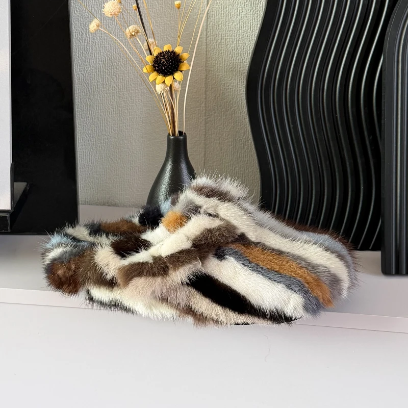 Women's Mules and Clogs Mink Fur Slippers Winter Women'S Slippers Color Blocking Fur Slides Plush Fur Clogs Shoes for Woman view 4