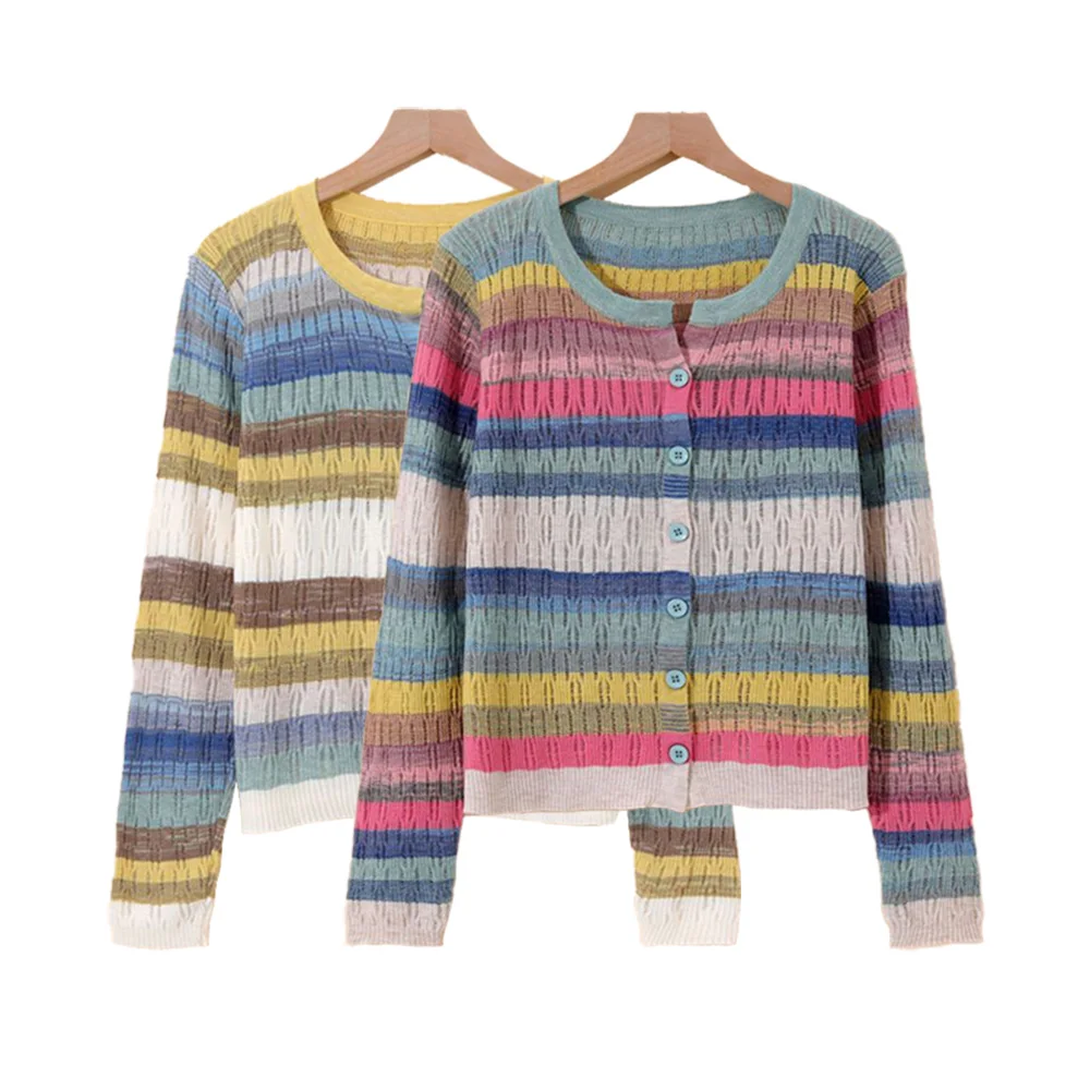 Multi-Color Rainbow Striped V-Neck Knit Chic Long Sleeve Women\'s Cardigan Single Breasted Sweater Cardigan For Women Clothing