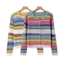 Multi-Color Rainbow Striped V-Neck Knit Chic Long Sleeve Women's Cardigan Single Breasted Sweater Cardigan For Women Clothing