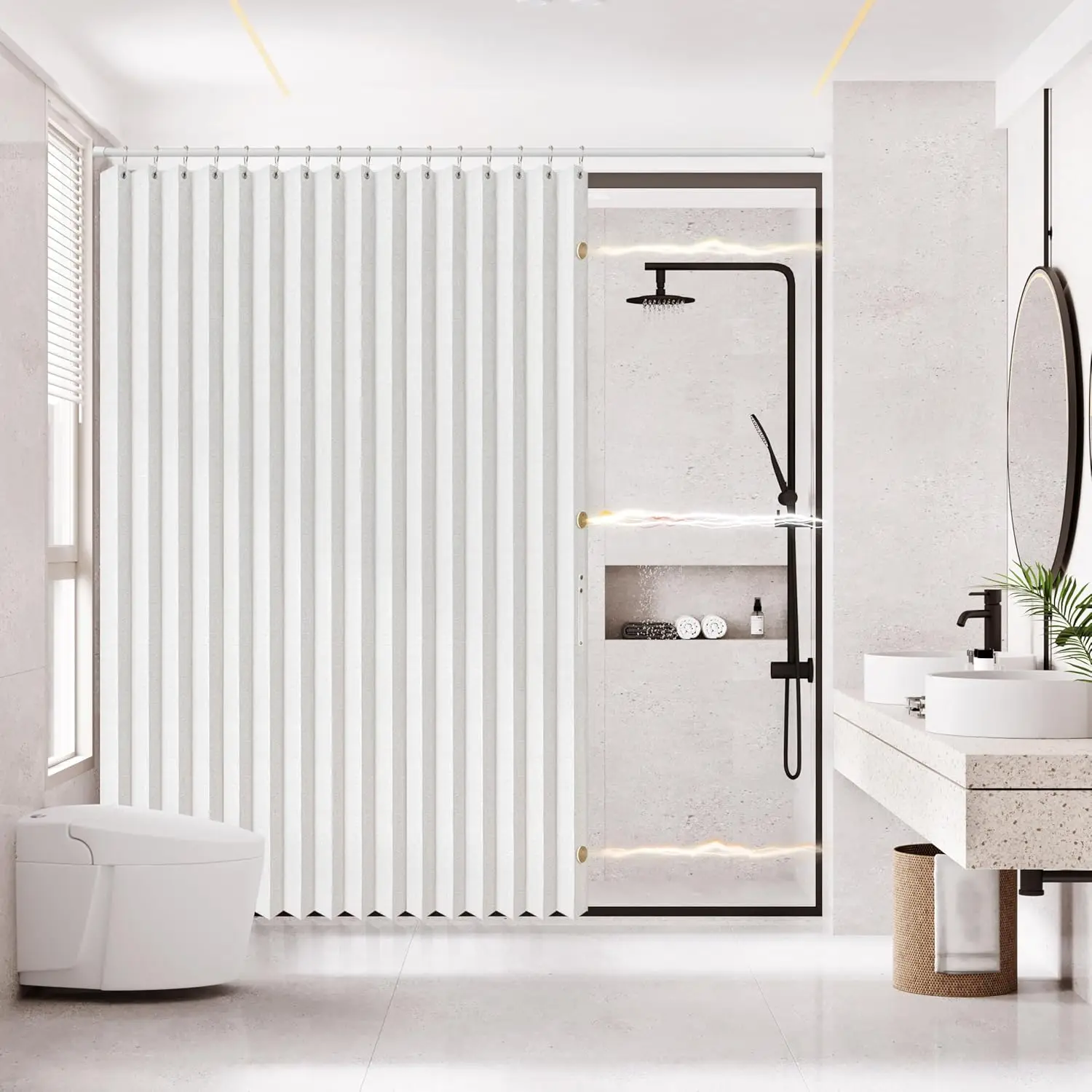 

Acordion Shower Curtain Magnetic Folding Shower CurtainsFabric Polyester Waterproof Shower Curtains Suitable for Family