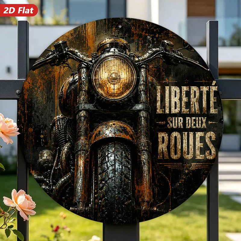 2D Flat, 1pc Rustic Motorcycle Freedom Round Metal Sign Wall Art, Vintage Motorcycle Front View, Freedom on Two Wheels Message,