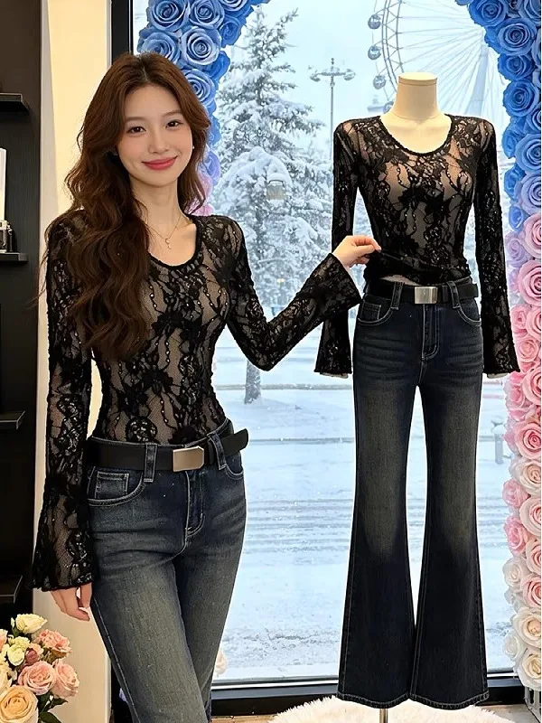 

Женская облегающая футболка больших размеров с кружевом и длинным рукавом, модная базовая модель для осени и зимы, сексуальный топ в корейском стиле