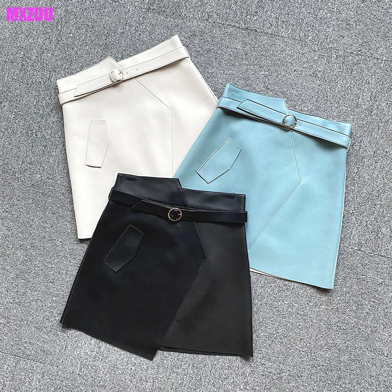 

Clothes for Women Genuine Leather Skirt Korean Style Asymmetric Design Belt Sheepskin High Waist A-Line Wrap Hip Mini Jupe Femme