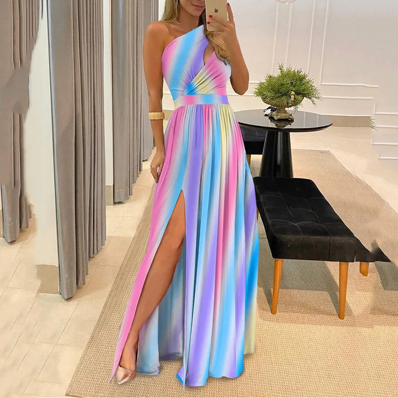 Summer Long Dress New European and American Women's Dress Inclined Shoulder Style High Waist Sexy Split Dress