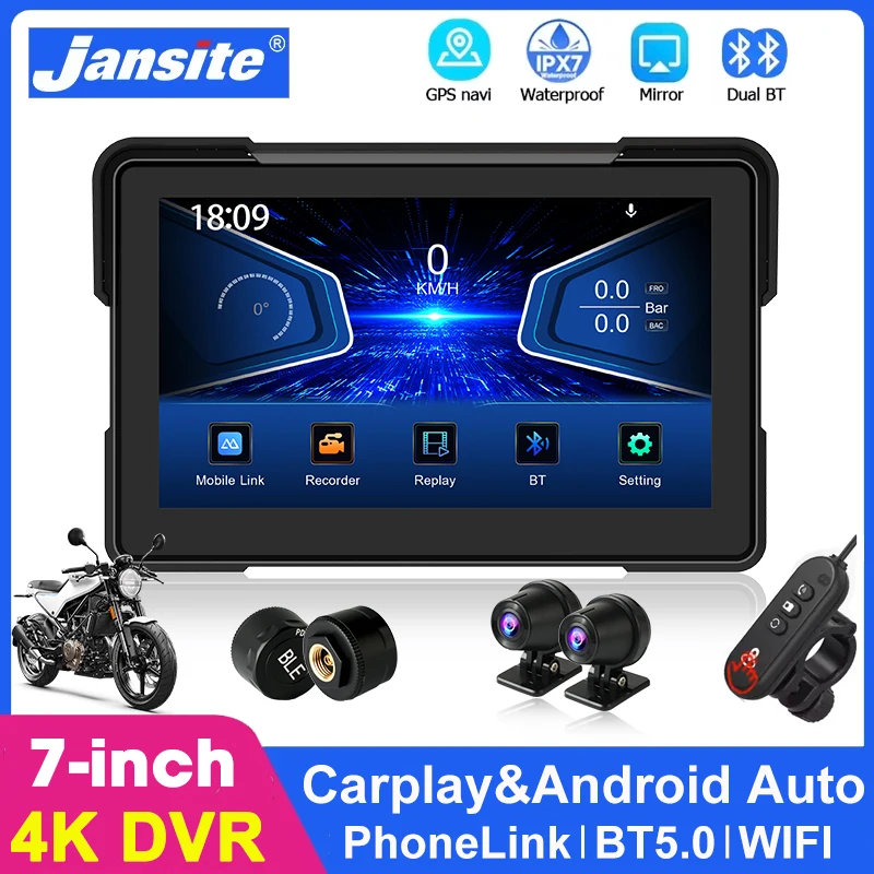 

7-дюймовый портативный мотоцикл Carplay GPS-навигатор с двумя объективами 4K + 1080P IPX7 водонепроницаемый дисплей для беспроводного CarPlay Android Auto