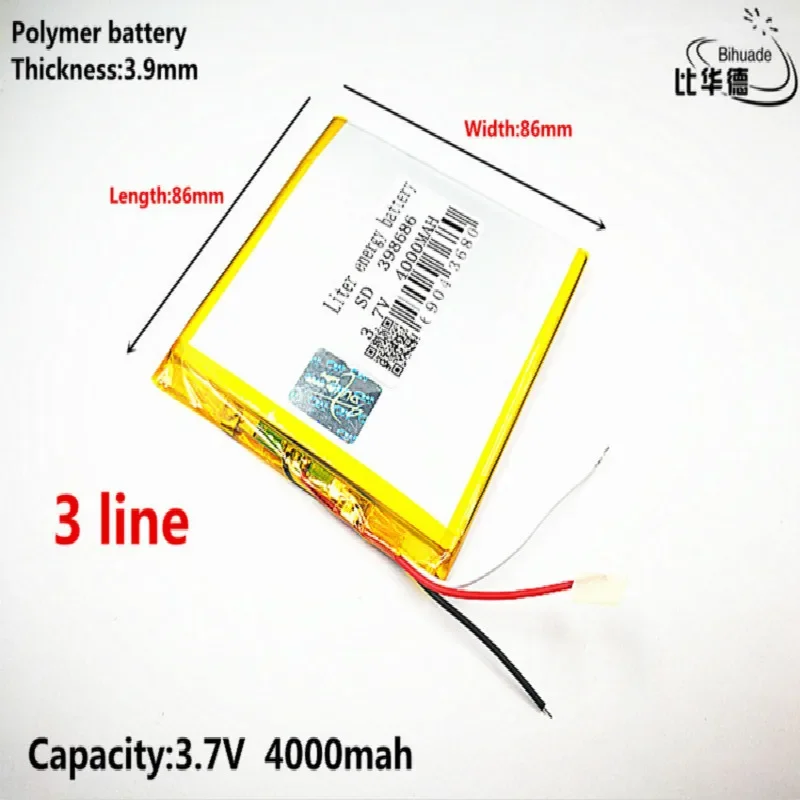 3 line Liter energy battery Good Qulity 3.7V,4000mAH 398686 Polymer lithium ion / Li-ion battery for tablet pc BANK,GPS,mp3,mp4