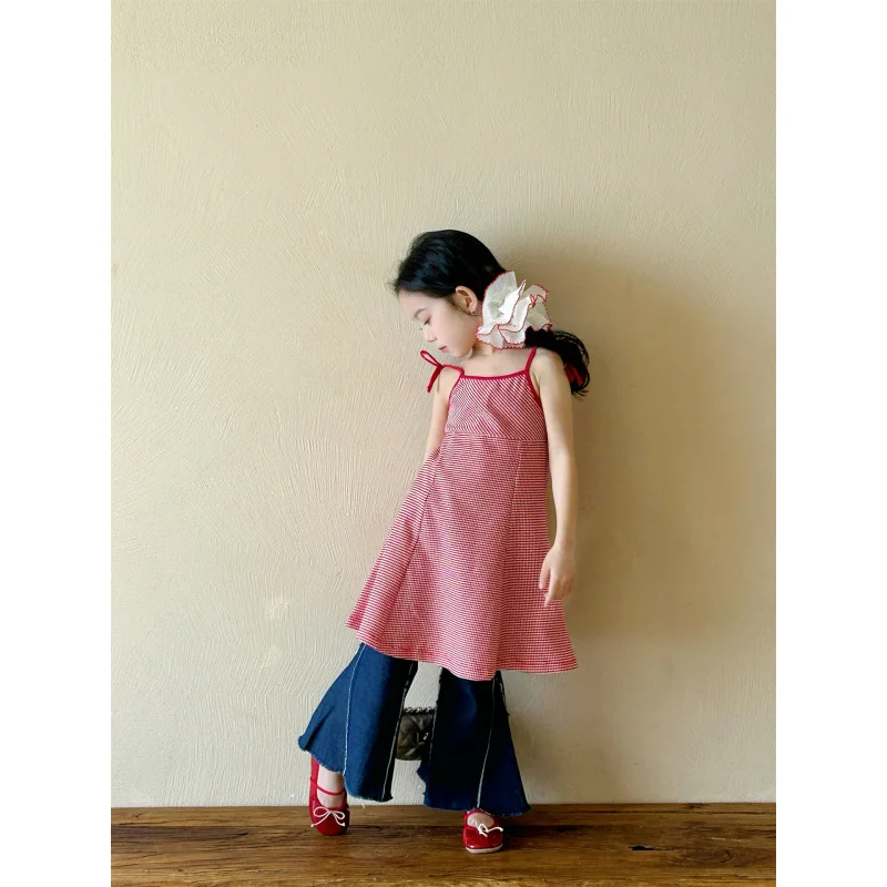 2025Summer New Girl's Strap Skirt Suit Children's Western Style Suspender Skirt+Denim Bell-Bottom Pants Two-Piece Set