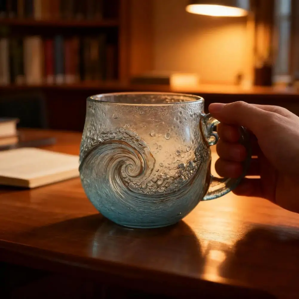 

Handmade Glass Cup Handcrafted Ocean Wave Glass Mug Coastal Glassware for Coffee Cocktails Dishwasher Safe Art Cup