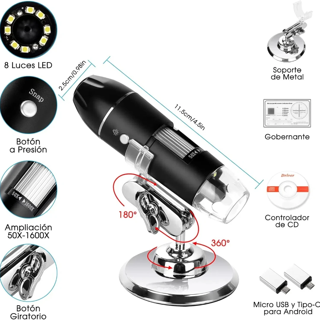 50X*1600X Microscopio Digital USB - Microscopio Electrónico de Mano Portátil - 8 LED Cámara de Endoscopio de Aumento con Estuche