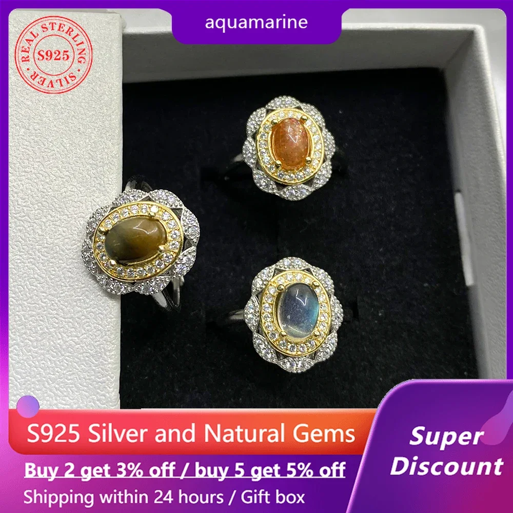 

S925 sterling silver luxurious palace style natural Gpietersite women's ring crystal aquamarine ring wedding jewelry gift