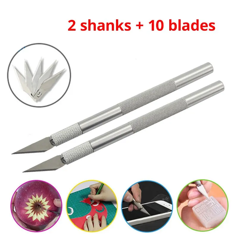 2 Handles 10 Blades Rubber Stamp Carving Knife Cell Phone Film Carving Knife Pen Knife Students with Handbook Art Knife