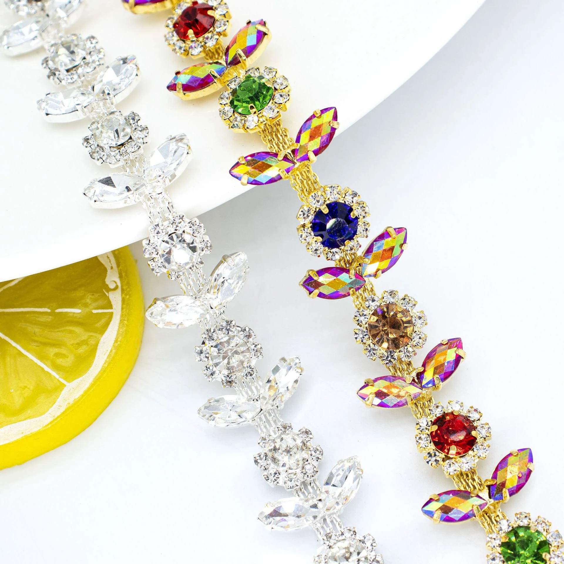 

Multicolor Marquise Rhinestone Claw Chain with Resin Accents for DIY Handcrafted Apparel Embellishment Welded Jewelry Accessory