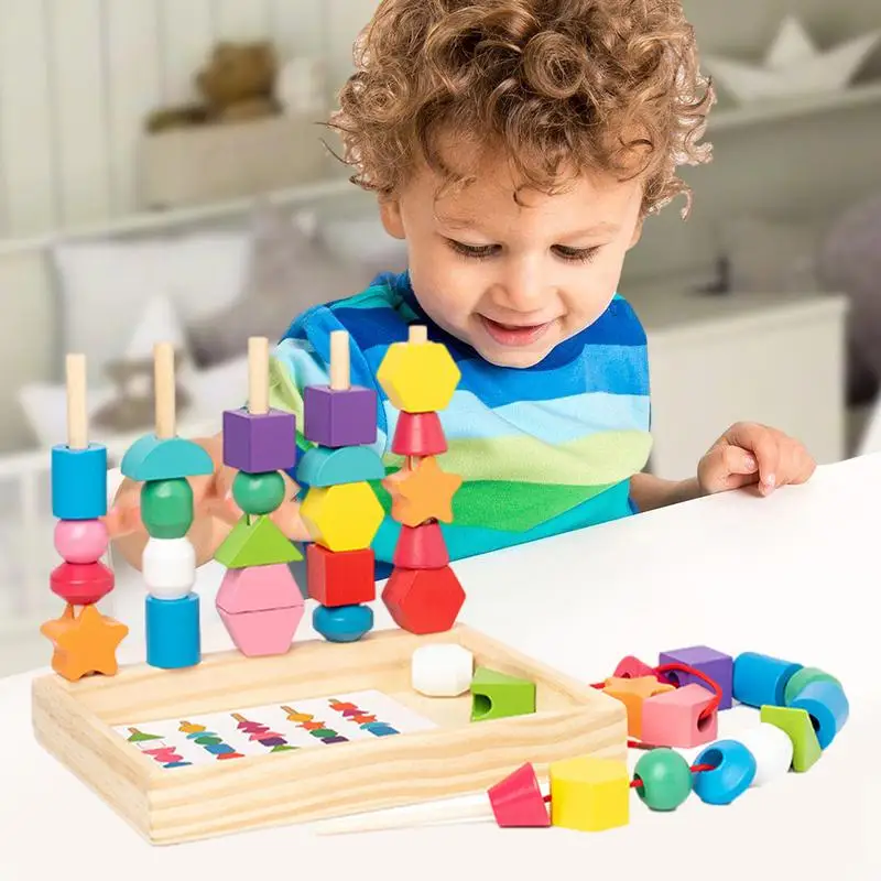 

Bead Sequencing Set Stacking Montessori Toys Wooden Blocks Activity Puzzle Colorful Shape Sorter Learning Blocks Educational