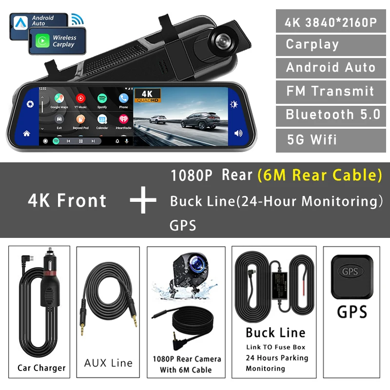 10 "Dash Cam 4K 3840*2160P Auto Dvr Carplay Android Auto GPS 5G WIFI AUX Stream rückspiegel Dashcam Kamera Stick Recorder FM