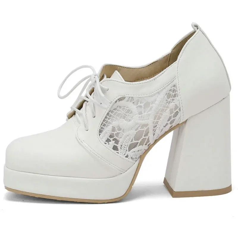 

Chunky Heels Women Solid White Pink Lace Mesh Net Summer Square Toe Lace-up Office Small Size 33 Mature Platform Shoes 22-8