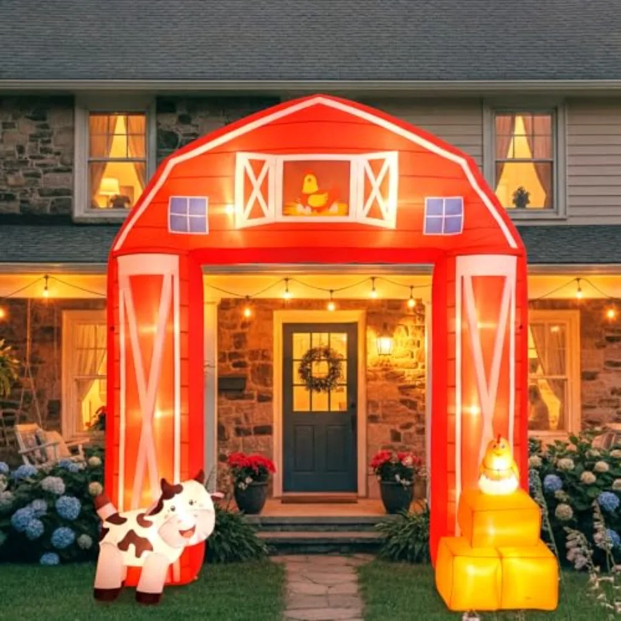 

Outdoor farmhouse-themed 10ft inflatable arch for garden, yard, or lawn; PVC material, white with red accents; built-in 7 LED l
