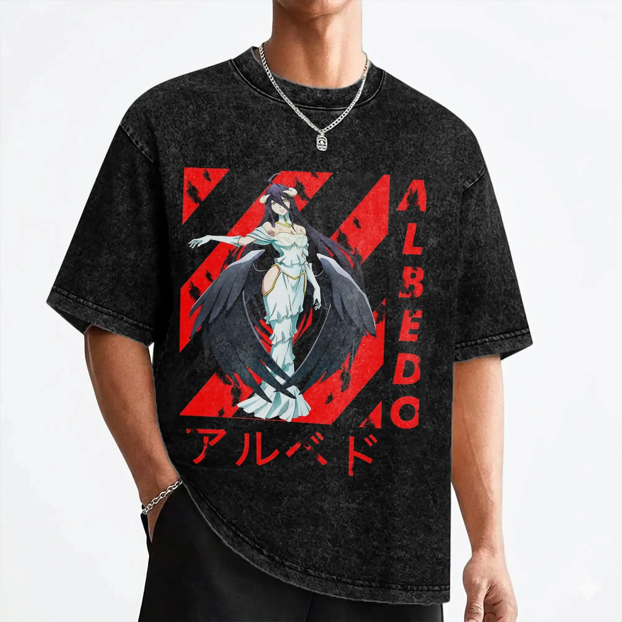 Albedo Japanese Anime T Shirts Washed Short Sleeve Harajuku T-Shirts  Vintage Men Women Streetwear Printed Tees