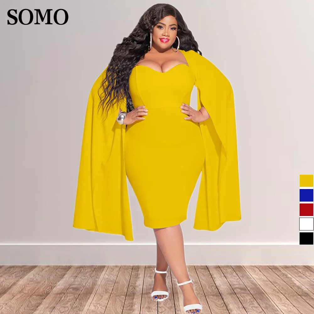 SOMO 2023 Plus Size Office Ladies Fashion Vintage Dress Solid Color Chic Long Sleeve Sexy Dresses Women Wholesale Dropshipping