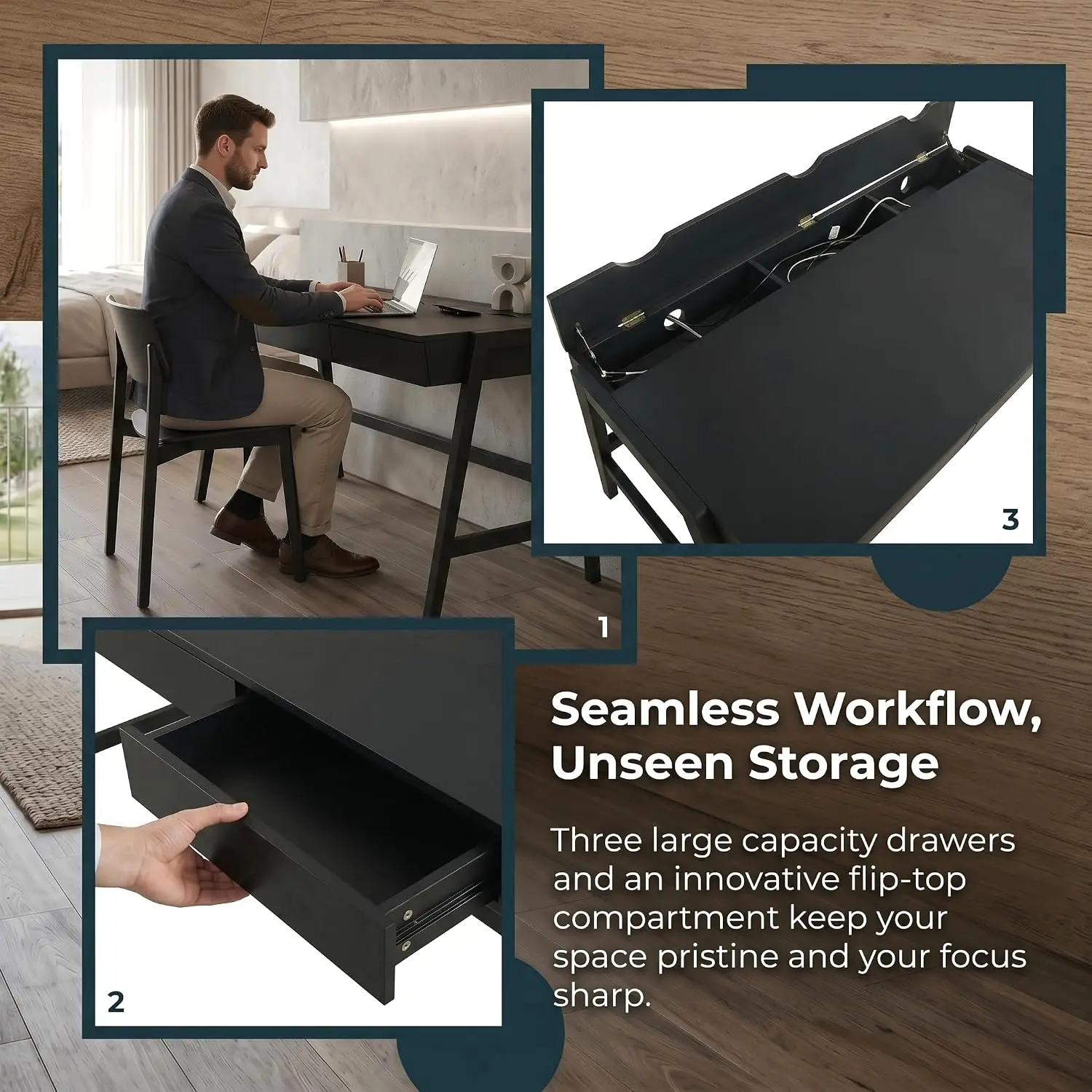 59 Inch Black Wooden Desk with 3 Drawers & Cable Holes, Computer Study Table with MDF Top & Wood Legs, Customized