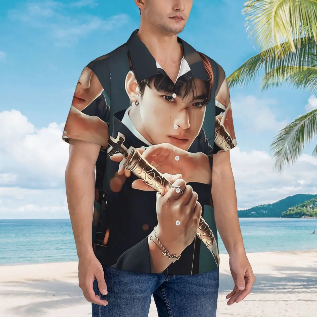 

Cha Eunwoo Hawaiian Shirts Funny Men Short Sleeve Shirt for Summer Beach Men's Button Tops