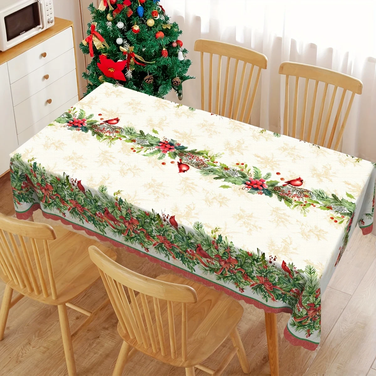 Christmas Holly Berry Bird Waterproof Tablecloth Table Decor Winter Xmas Holiday Kitchen Dining Tablecloth Christmas Decorations