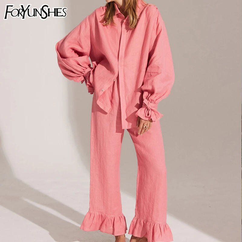 

Модный свободный розовый хлопковый женский комплект из двух предметов, осень 2025, элегантная рубашка с длинными рукавами и широкими брюками-клеш с высокой талией, женский комплект