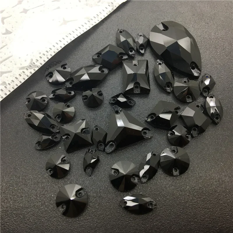 TopStone Jet Black Glass Crystal Sew On Stone Drop Round Rectangle Square Mix Shape Glass Rhinestones For Clothing bags