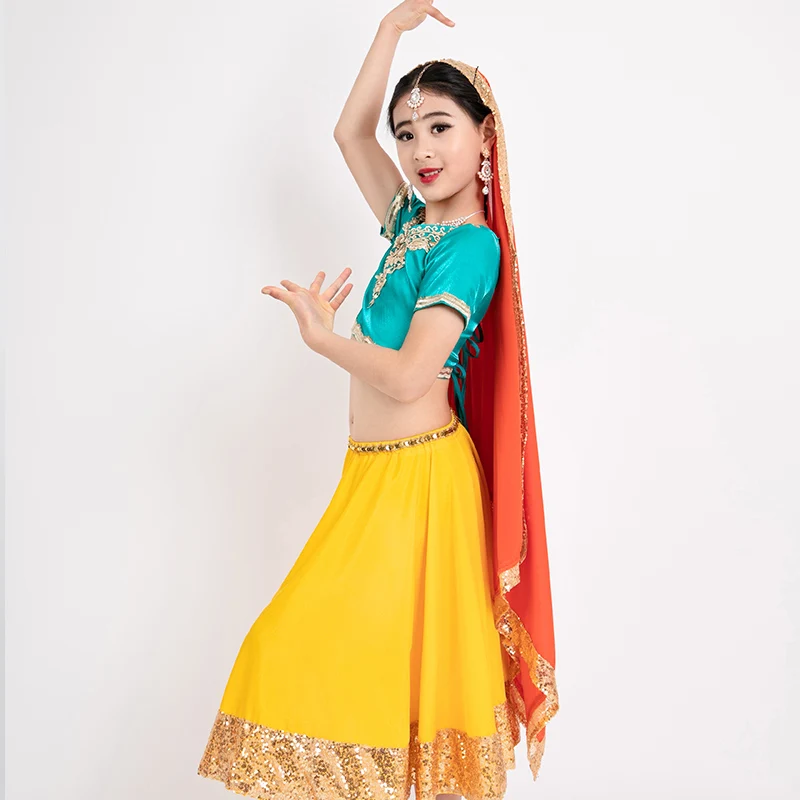 India Bollywood Dance Big Swing Skirt Three Piece Set For Children's New Contrast Embroidered Sari June 1 Performance Dress