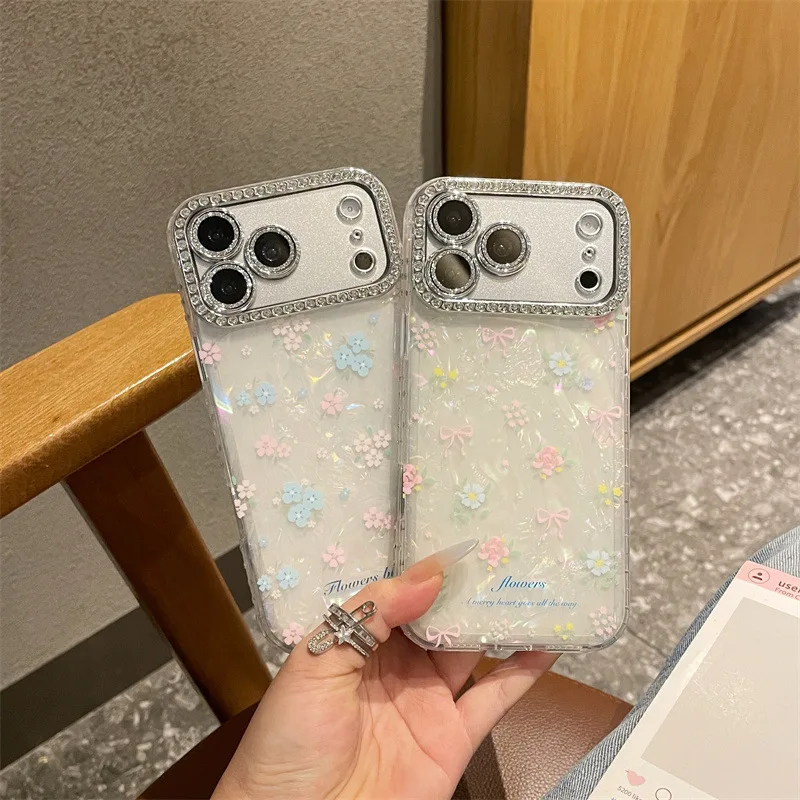 Luxuriöse Handyhülle mit Schleife und Blumenmuster für iPhone 17, 16, 15, 13, 14, Pro Max, glitzernde Linse, stoßfeste Schutzhülle