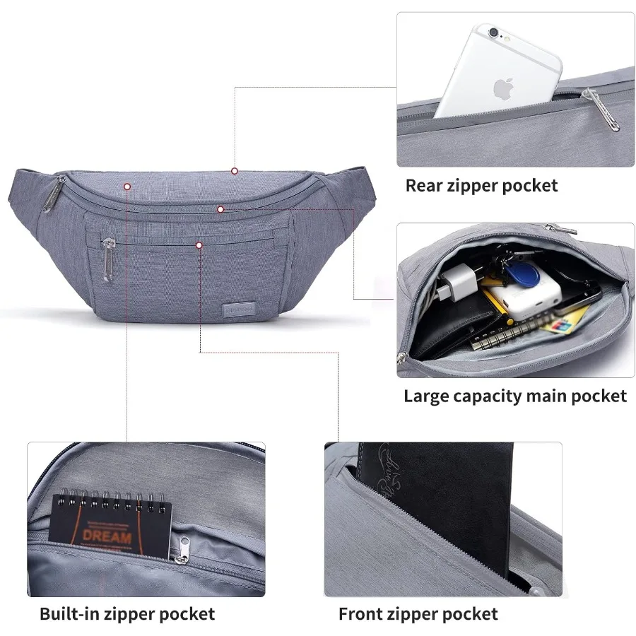 حقيبة فاني للسفر، حقيبة خصر، خفيفة الوزن للغاية للتمرين والعطلات والمشي لمسافات طويلة، مجموعة أدوات T206 باللون الرمادي