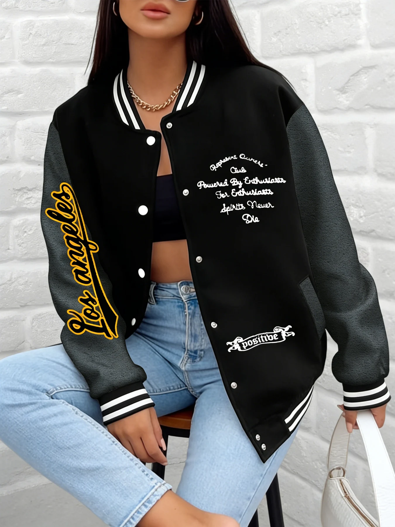 

Women Los Angeles Print Baseball Jacket Positive Quote Graphic Varsity Coat Loose Fit Outerwear Casual Street Fashion Daily Wear