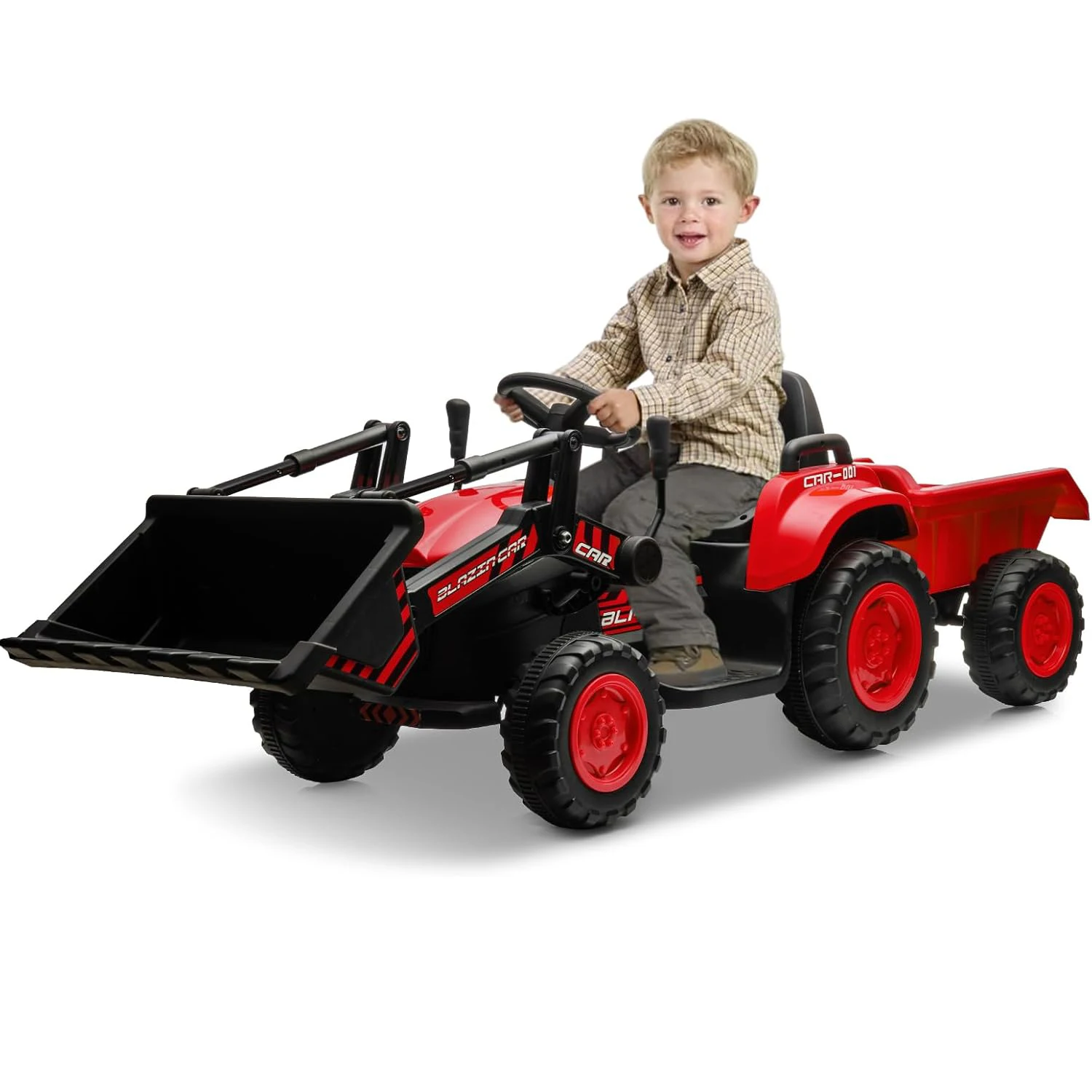 3-in-1 kinderrit op tractor met afneembare aanhangwagen, 12V elektrische bulldozer met schepemmer, afstandsbediening, hoorn, verlichting