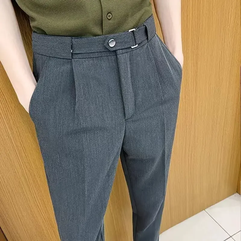 Draped with Belt Man Suits Pants Gray Fluid Trousers for Men Elegant Work Wear Fashion Vintage New in Slacks Tailoring Fabric Up