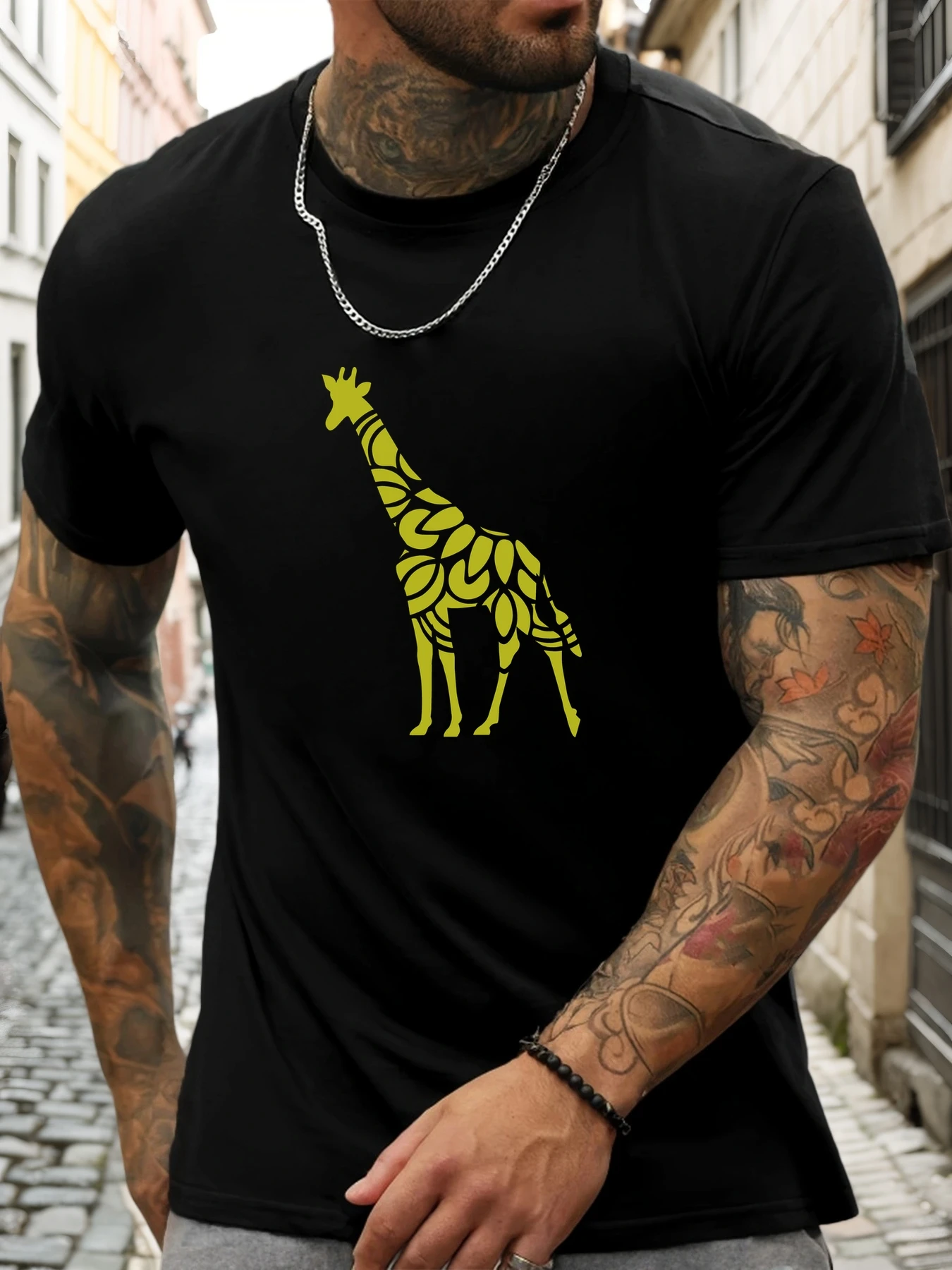 Men Black Crew Neck Tee Yellow Floral Pattern Giraffe Silhouette Wild Animal Art Soft Cotton Male Casual Short Sleeve Tops