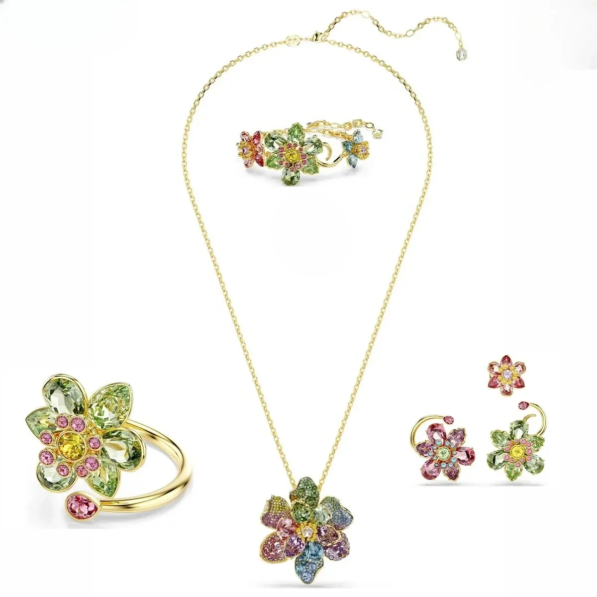 Original Jewelry Set New Color Flower Crystal Boutique Irregular Earring Exquisite Necklace Ring Bracelet Wedding Gift for Women