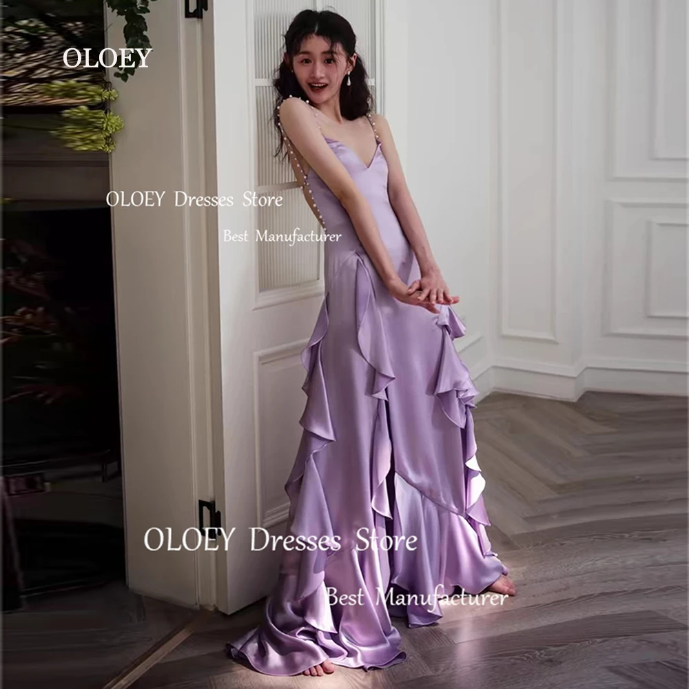 OLOEY Sexy Backless Purple Party Dresses Ruffles Satin Floor Length High Slit Prom Evening Gowns Deading Spaghetti Straps Custom