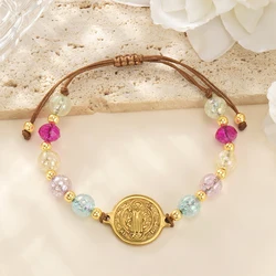 Go2boho Handmade Multicolor Beaded Bracelet with St Benedict Medal Gold Plated Charm Adjustable Jewelry for Daily Use