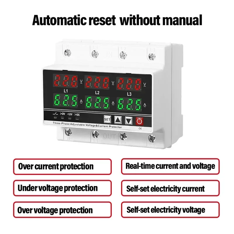 3P4W Over and Under Voltage Protector Voltmeter Ammeter Monitor Relays Adjustable 3 Phase 3P+N Din Rail Current Limit Protection