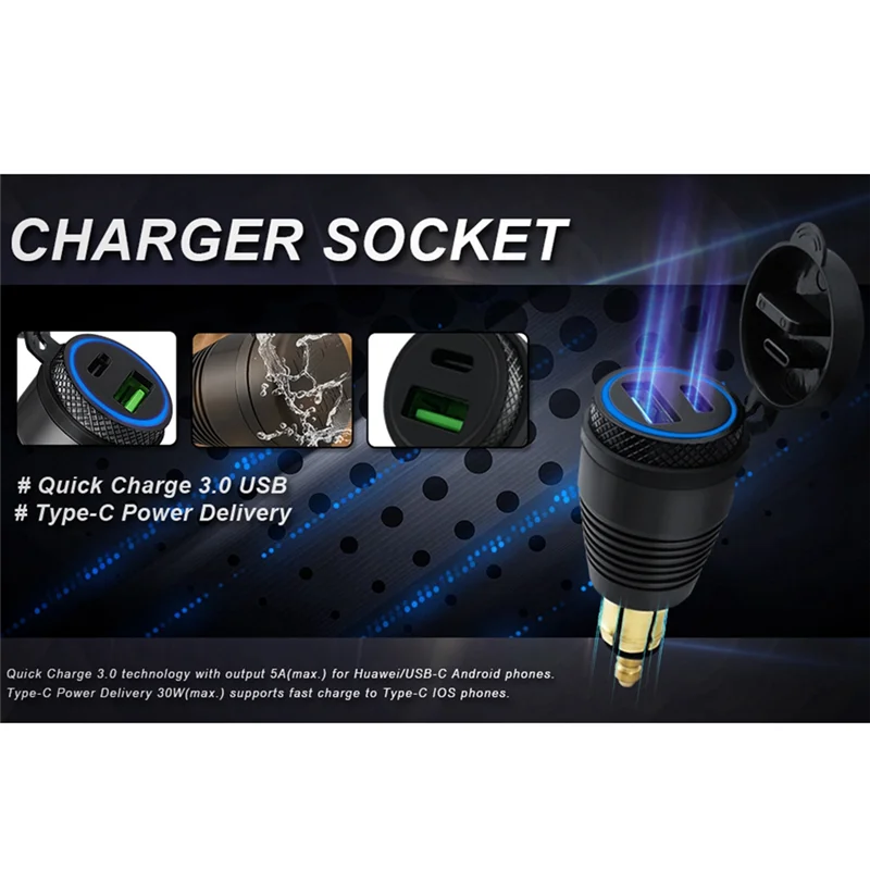 

Motorcycle DIN Plug Waterproof Charger To QC3.0 USB Charger & Type C 30W Power Delivery Adapter Socket